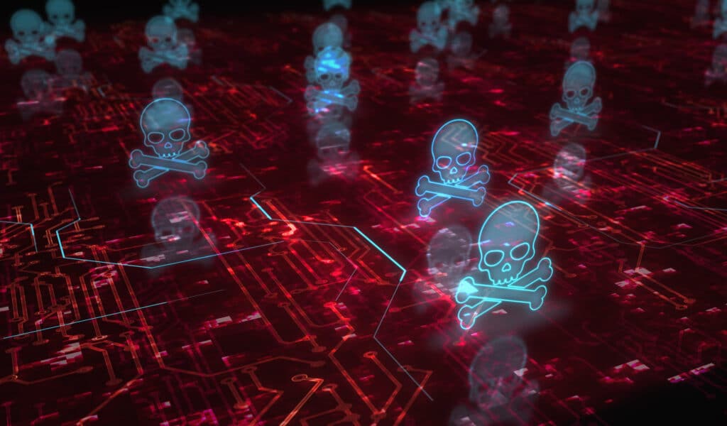 red virtual grid with blue skull and crossbones