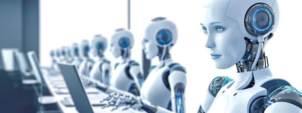 A row of robots on laptops