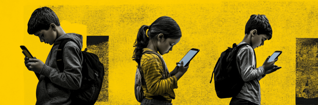 little kids looking down at cell phones with backpacks
