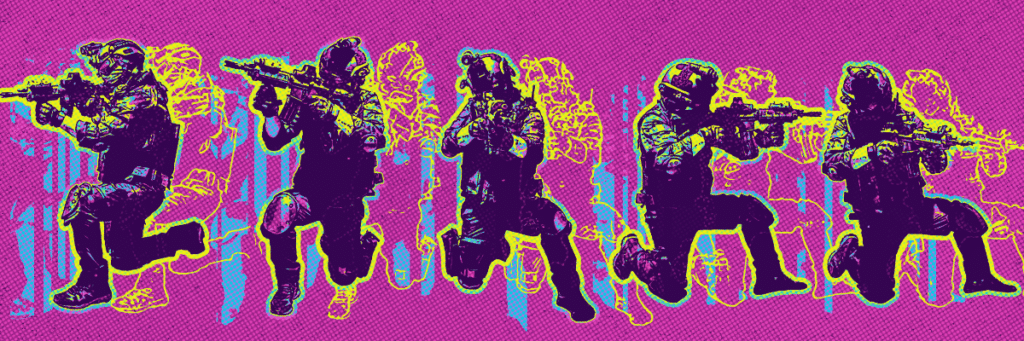 graphic illustration of a swat team on one knee aiming guns
