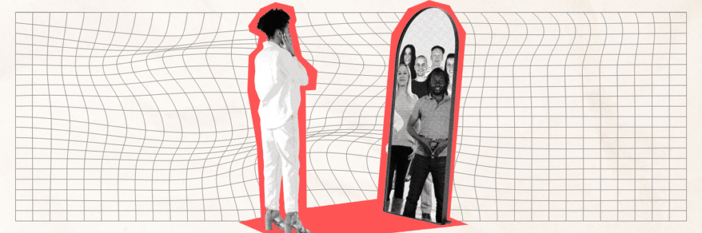 woman looking in mirror seeing many people looking back at her