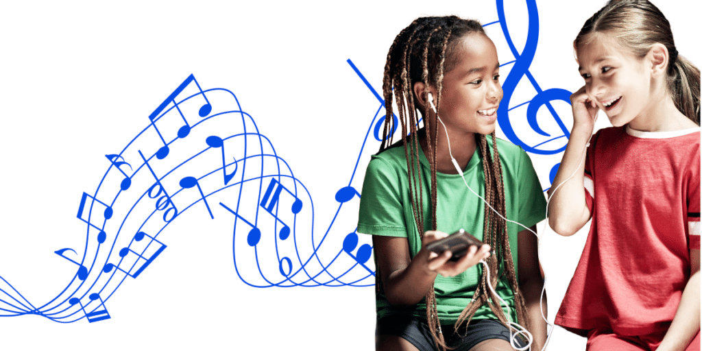little girls sharing headphones and smiling with music notes behind them